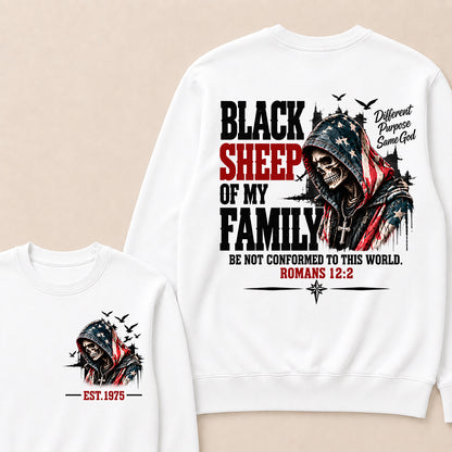 Black Sheep Of My Family Romans 12:2 EST.Year American Flag Skull Print Sweatshirt Christian Faith Vintage Graphic Sweatshirt