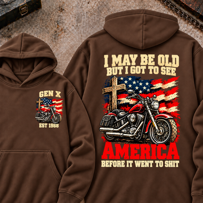 I May Be Old But I Got To See America Before It Went To Shit EST.Year Vintage Motorcycle Cross American Flag Graphic Pullover Hoodie