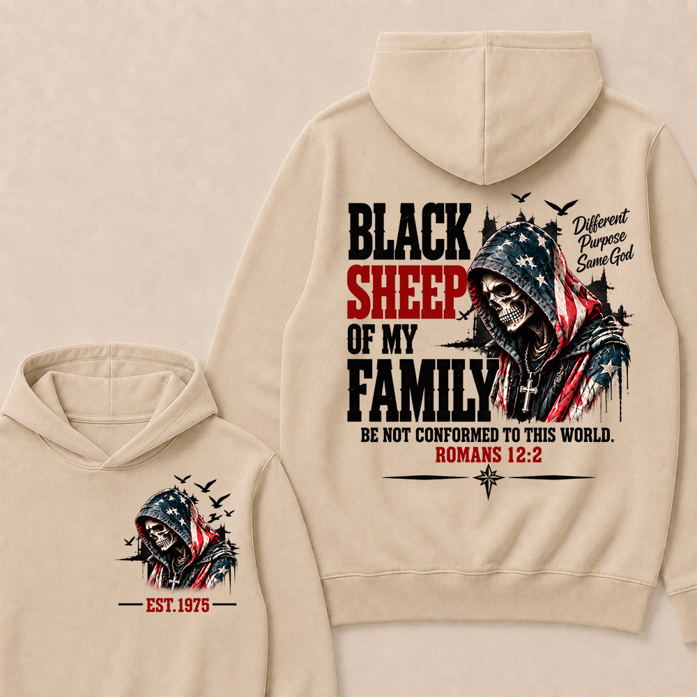 "Black Sheep Of My Family" – Romans 12:2 Christian Skull Hoodie, Different Purpose Same God Graphic Sweatshirt, Patriotic Faith Apparel