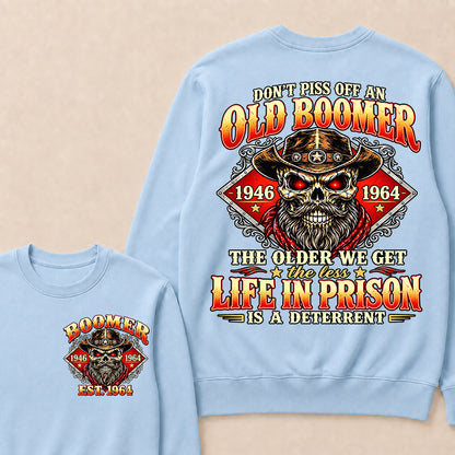 Custom EST.Year Don't Piss Off An Old Boomer The Older We Get The Less Life In Prison Is A Deterrent – Vintage Cowboy Skull Graphic Sweatshirt