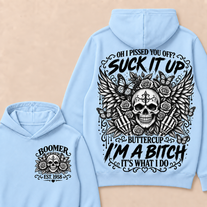 Custom Year Boomer Suck It Up Buttercup Skull Graphic Hoodie