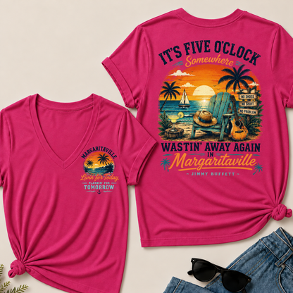 It's Five O'clock Somewhere Wastin' Away Again In Margaritaville Jimmy Buffett V-Neck T-Shirt