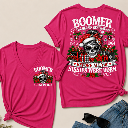 Boomer The Badass Generation – Christmas Leopard Skull Women's V-Neck T-Shirt