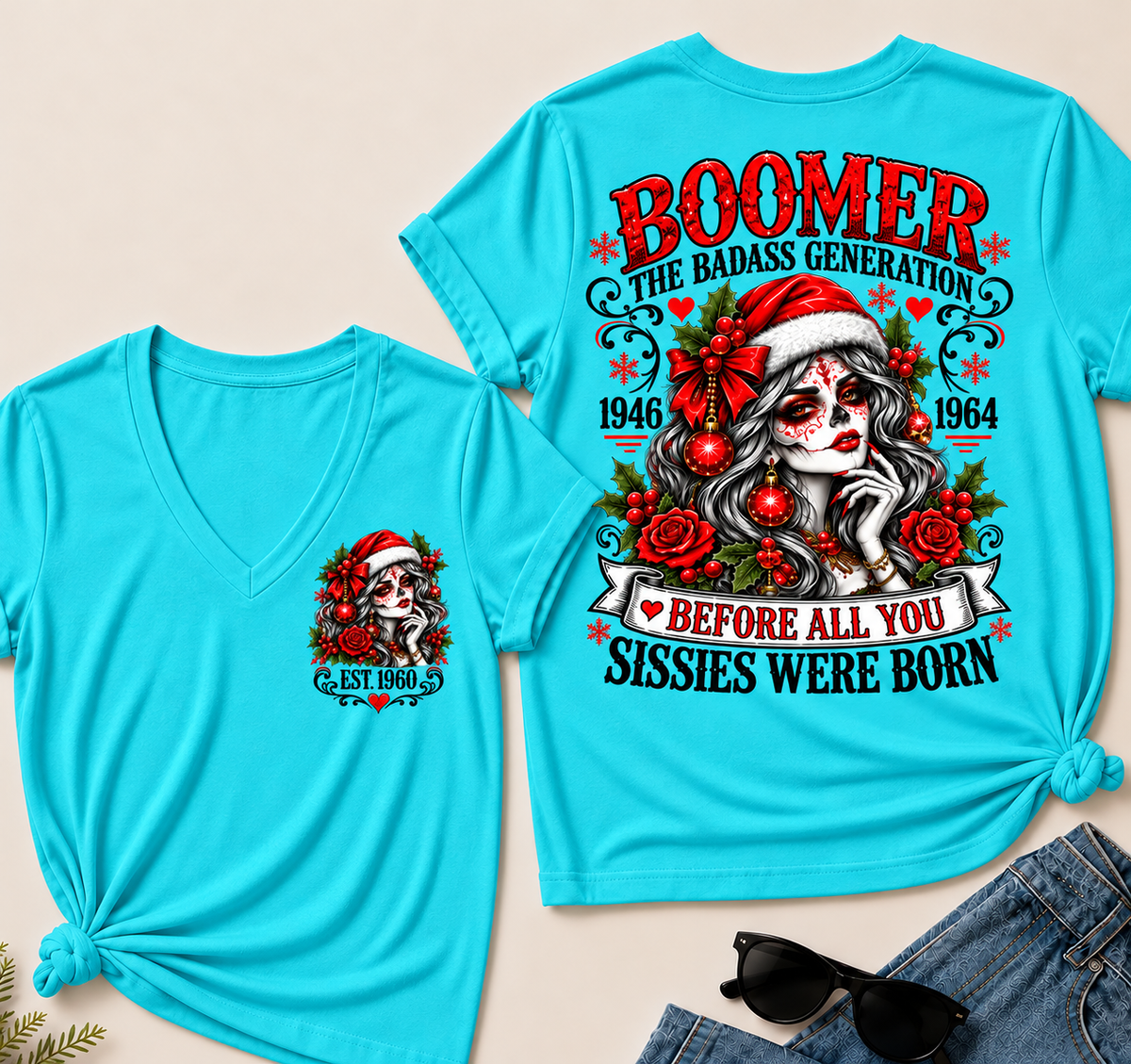 Boomer The Badass Generation – Christmas Sugar Skull Women's V-Neck T-Shirt