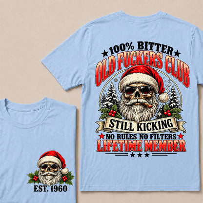 100% Bitter Old Fuckers Club Lifetime Member – Custom EST.Year Christmas Santa Skull & Snowy Trees T-Shirt