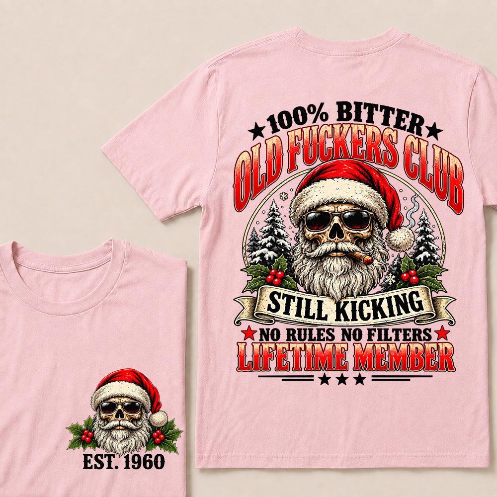 100% Bitter Old Fuckers Club Lifetime Member – Custom EST.Year Christmas Santa Skull & Snowy Trees T-Shirt