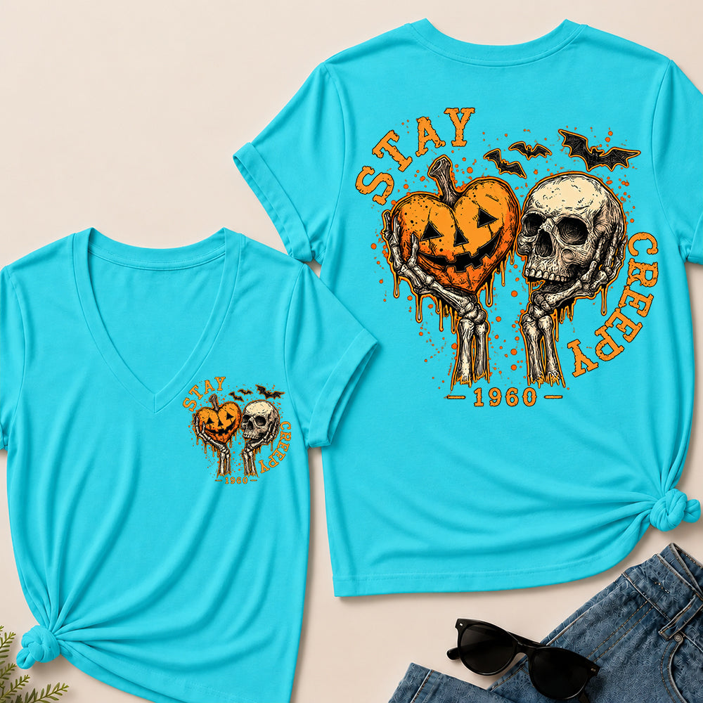 Stay Creepy – Custom Birth Year Vintage Halloween Skull & Pumpkin Women’s V-Neck T-Shirt