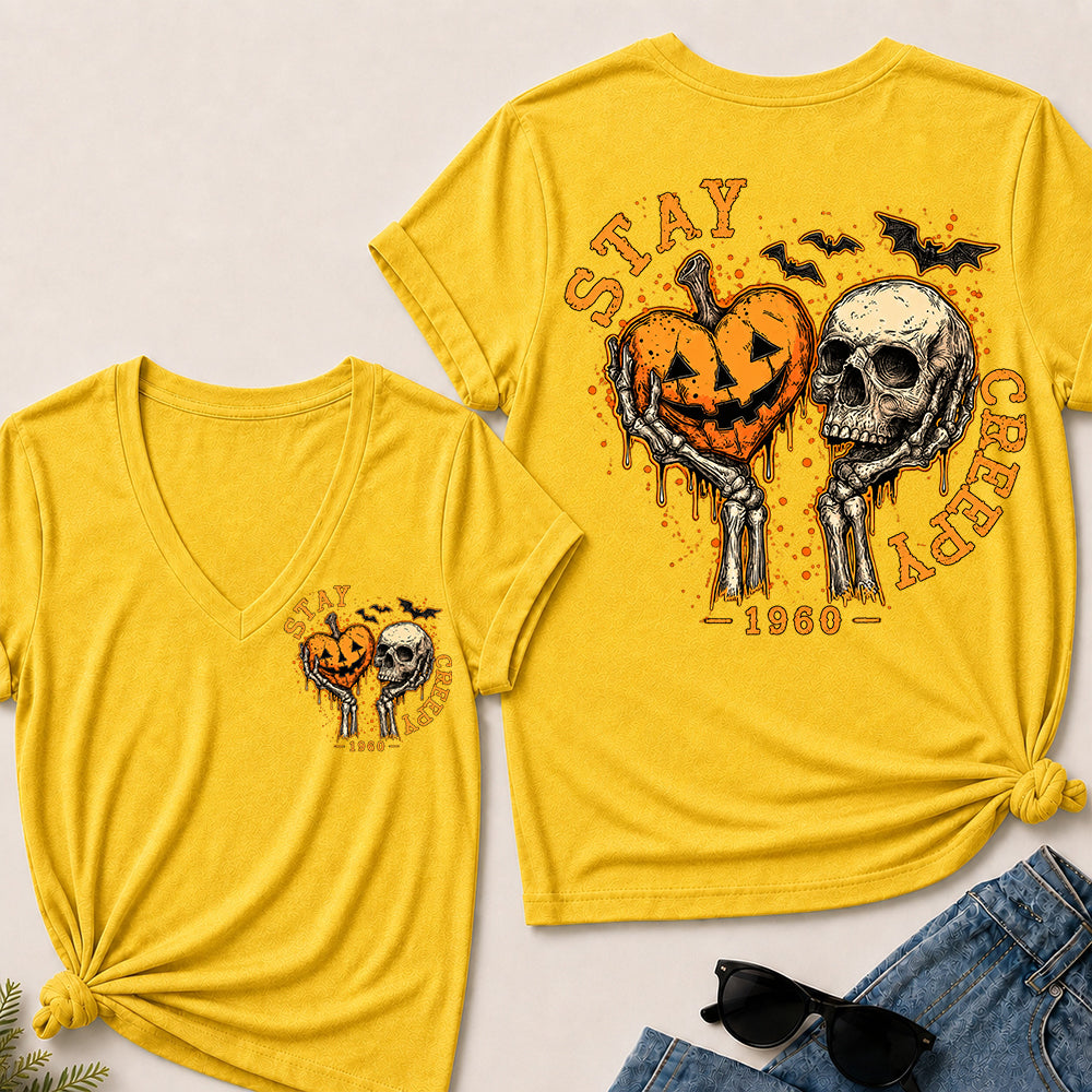 Stay Creepy – Custom Birth Year Vintage Halloween Skull & Pumpkin Women’s V-Neck T-Shirt