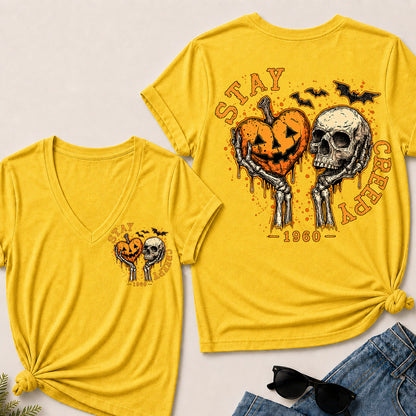 Stay Creepy – Custom Birth Year Vintage Halloween Skull & Pumpkin Women’s V-Neck T-Shirt