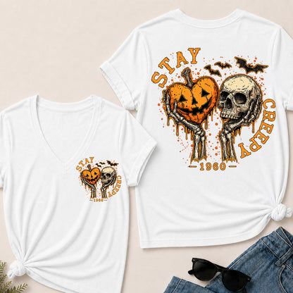 Stay Creepy – Custom Birth Year Vintage Halloween Skull & Pumpkin Women’s V-Neck T-Shirt