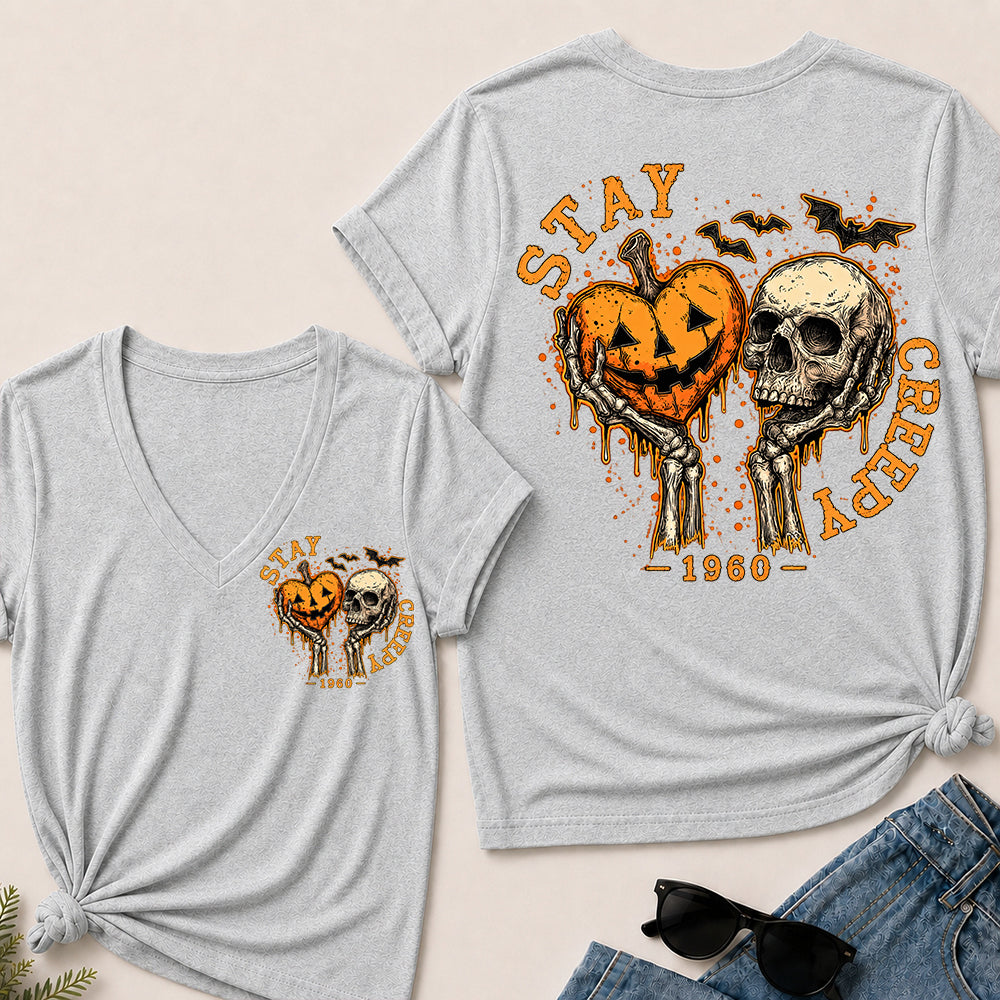 Stay Creepy – Custom Birth Year Vintage Halloween Skull & Pumpkin Women’s V-Neck T-Shirt