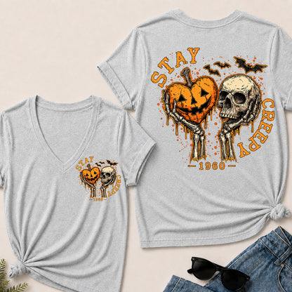 Stay Creepy – Custom Birth Year Vintage Halloween Skull & Pumpkin Women’s V-Neck T-Shirt