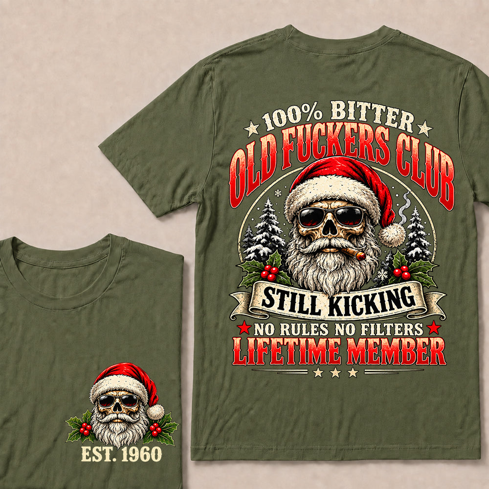 100% Bitter Old Fuckers Club Lifetime Member – Custom EST.Year Christmas Santa Skull & Snowy Trees T-Shirt