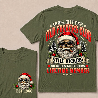 100% Bitter Old Fuckers Club Lifetime Member – Custom EST.Year Christmas Santa Skull & Snowy Trees T-Shirt
