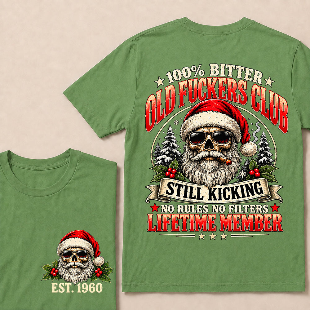 100% Bitter Old Fuckers Club Lifetime Member – Custom EST.Year Christmas Santa Skull & Snowy Trees T-Shirt