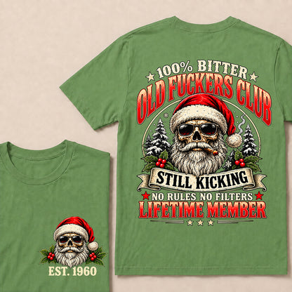 100% Bitter Old Fuckers Club Lifetime Member – Custom EST.Year Christmas Santa Skull & Snowy Trees T-Shirt