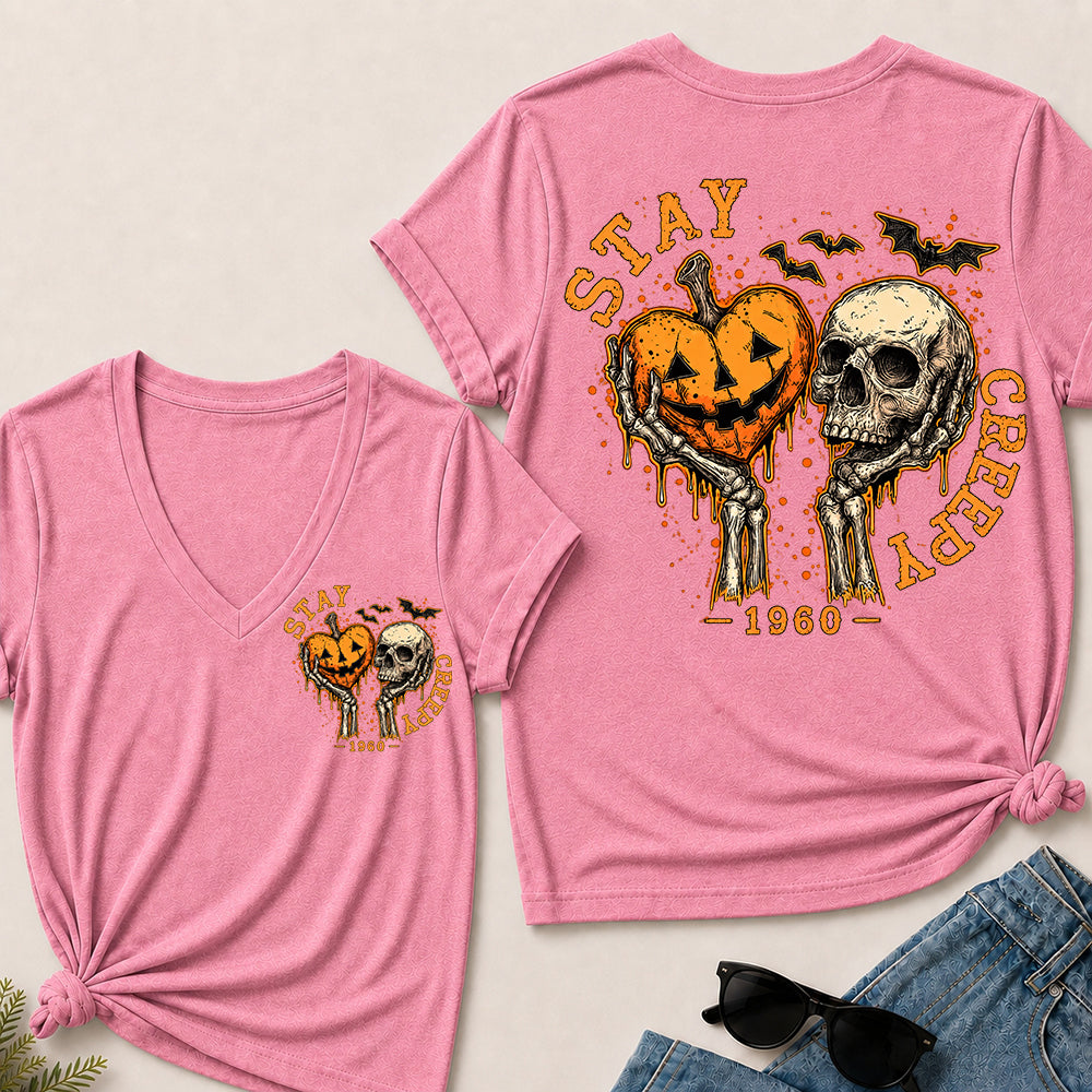 Stay Creepy – Custom Birth Year Vintage Halloween Skull & Pumpkin Women’s V-Neck T-Shirt