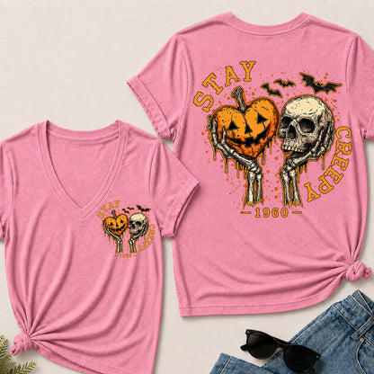 Stay Creepy – Custom Birth Year Vintage Halloween Skull & Pumpkin Women’s V-Neck T-Shirt