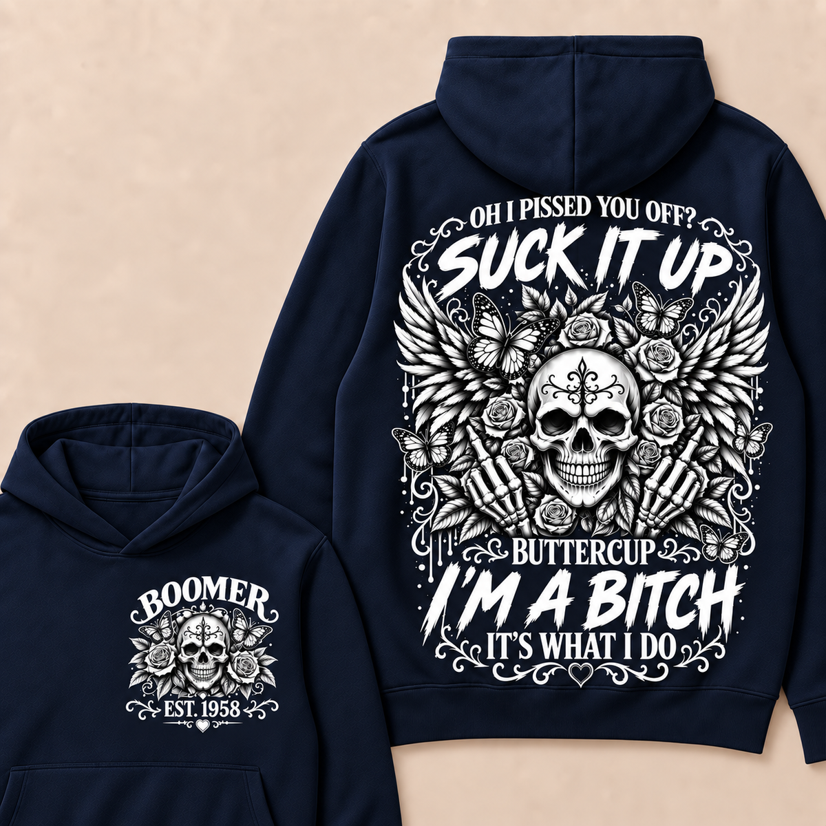 Custom Year Boomer Suck It Up Buttercup Skull Graphic Hoodie