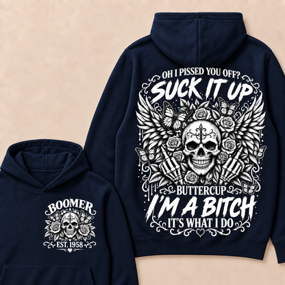 Custom Year Boomer Suck It Up Buttercup Skull Graphic Hoodie