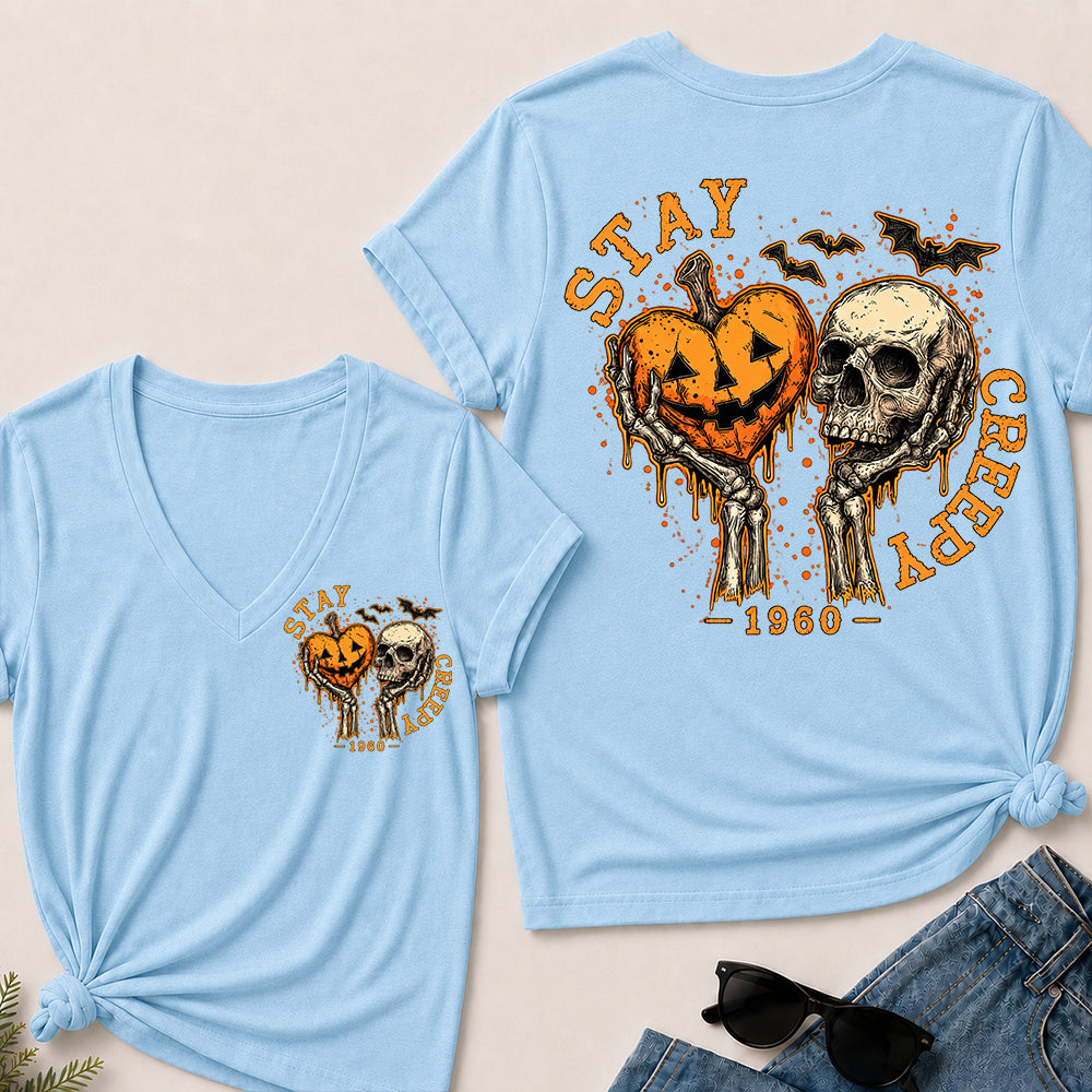 Stay Creepy – Custom Birth Year Vintage Halloween Skull & Pumpkin Women’s V-Neck T-Shirt