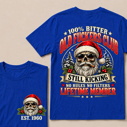 100% Bitter Old Fuckers Club Lifetime Member – Custom EST.Year Christmas Santa Skull & Snowy Trees T-Shirt