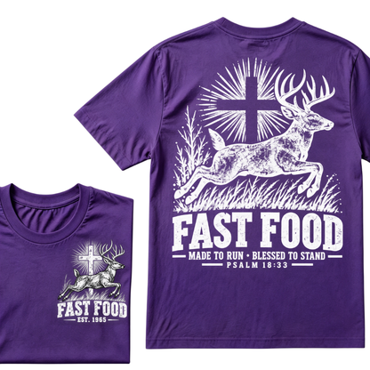 EST.Year Fast Food Made To Run Blessed To Stand Psalm 18:33 Deer Cross Hunting T-Shirt