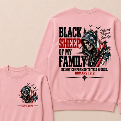 Black Sheep Of My Family Romans 12:2 EST.Year American Flag Skull Print Sweatshirt Christian Faith Vintage Graphic Sweatshirt