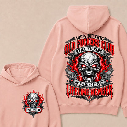 100% Bitter Old Fuckers Club Lifetime Member – Custom EST.Year Red-Eyed Skull Graphic Hoodie