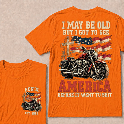 Vintage American Motorcycle & Cross T-Shirt | Patriotic Biker "I May Be Old" Graphic Tee