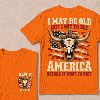 Retro Western Cow Skull & Cross Tee | Distressed American Flag Patriotic Graphic T-Shirt