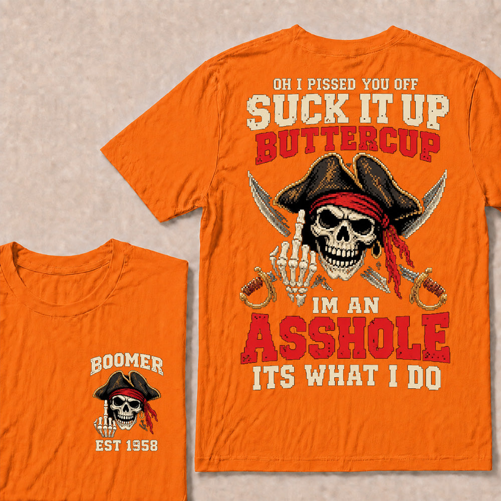 Retro Pixel Pirate Skull T-Shirt | Crossed Cutlasses & Red Bandana "Suck It Up" Graphic Tee