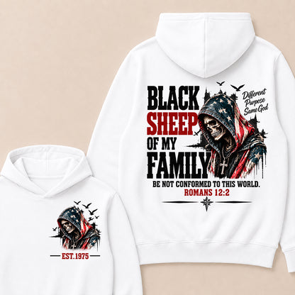 "Black Sheep Of My Family" – Romans 12:2 Christian Skull Hoodie, Different Purpose Same God Graphic Sweatshirt, Patriotic Faith Apparel