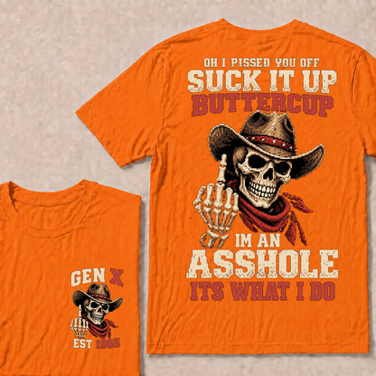 Retro Pixel Cowboy Skull Graphic Tee | "Suck It Up Buttercup" Gen X Sarcastic T-Shirt
