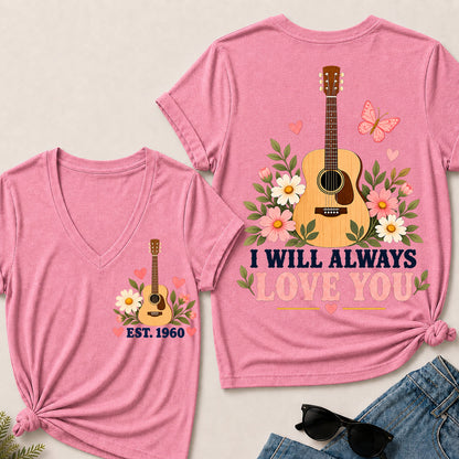 I Will Always Love You – Custom EST.Year Floral Acoustic Guitar Women’s V-Neck T-Shirt