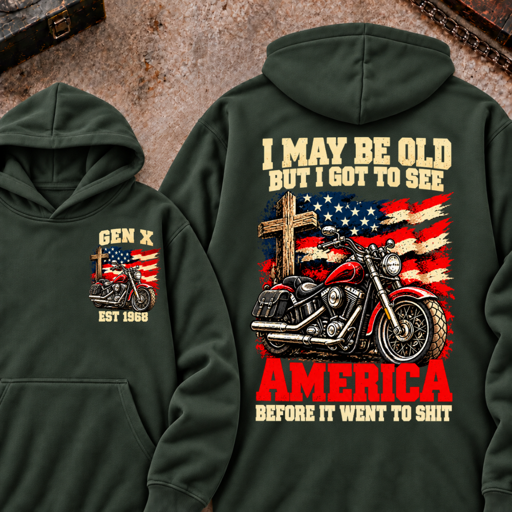 I May Be Old But I Got To See America Before It Went To Shit EST.Year Vintage Motorcycle Cross American Flag Graphic Pullover Hoodie