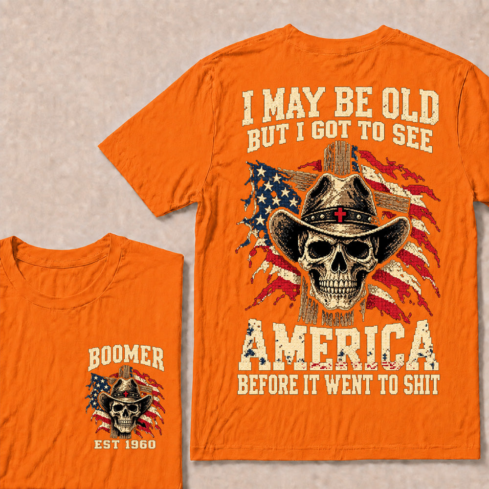 Vintage Western Cowboy Skull T-Shirt | Cross Hat & American Flag "I May Be Old" Graphic Tee