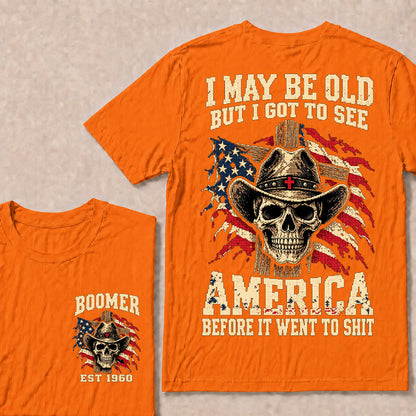 Vintage Western Cowboy Skull T-Shirt | Cross Hat & American Flag "I May Be Old" Graphic Tee