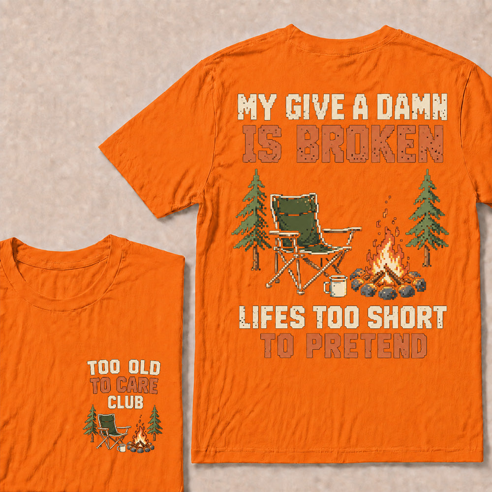 Retro Pixel Campfire & Chair T-Shirt | "My Give A Damn Is Broken" Funny Camping Tee