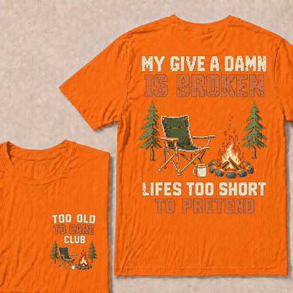Retro Pixel Campfire & Chair T-Shirt | "My Give A Damn Is Broken" Funny Camping Tee