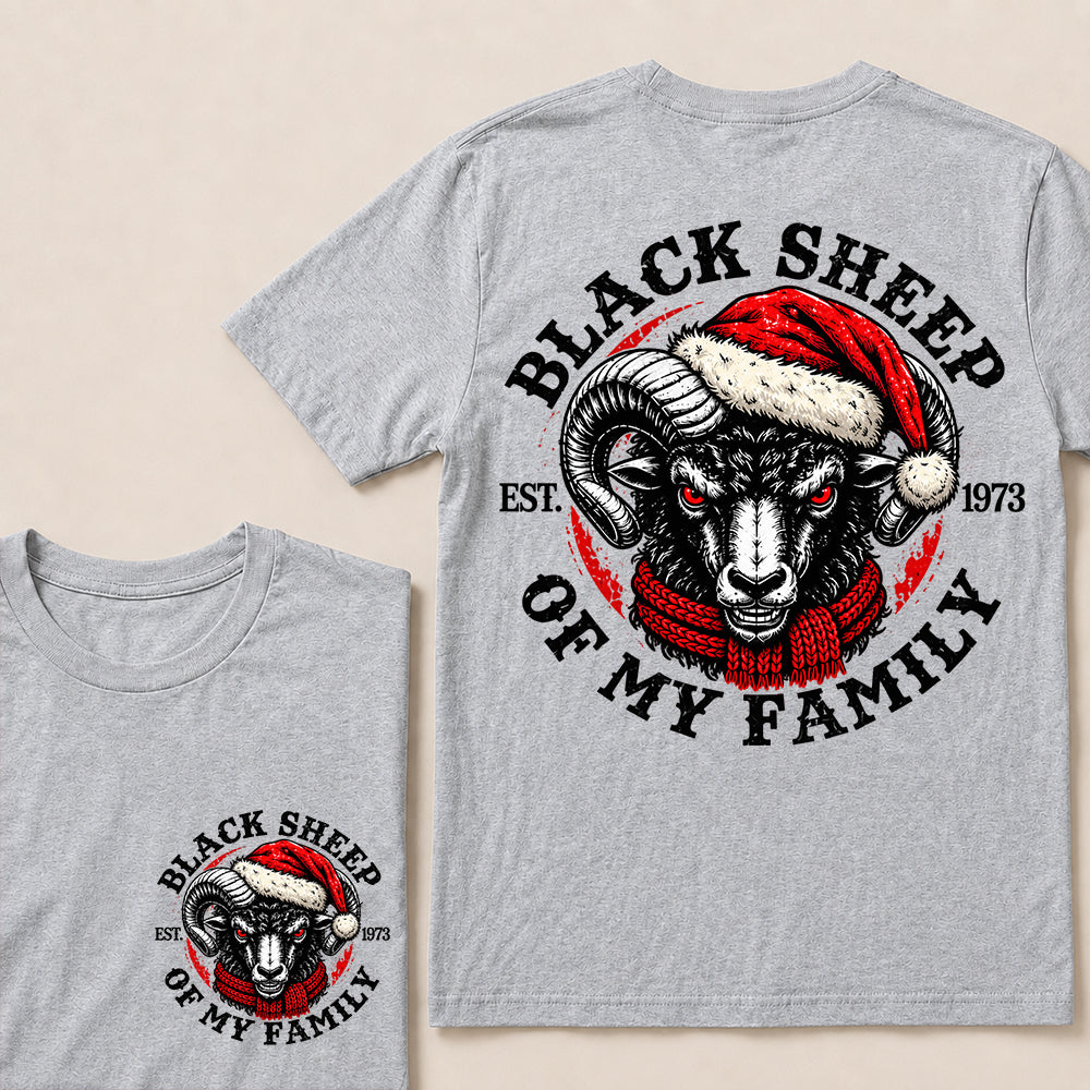 Black Sheep of My Family – Custom EST. Year Christmas Ram & Red Scarf Graphic T-Shirt