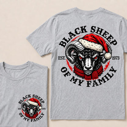Black Sheep of My Family – Custom EST. Year Christmas Ram & Red Scarf Graphic T-Shirt