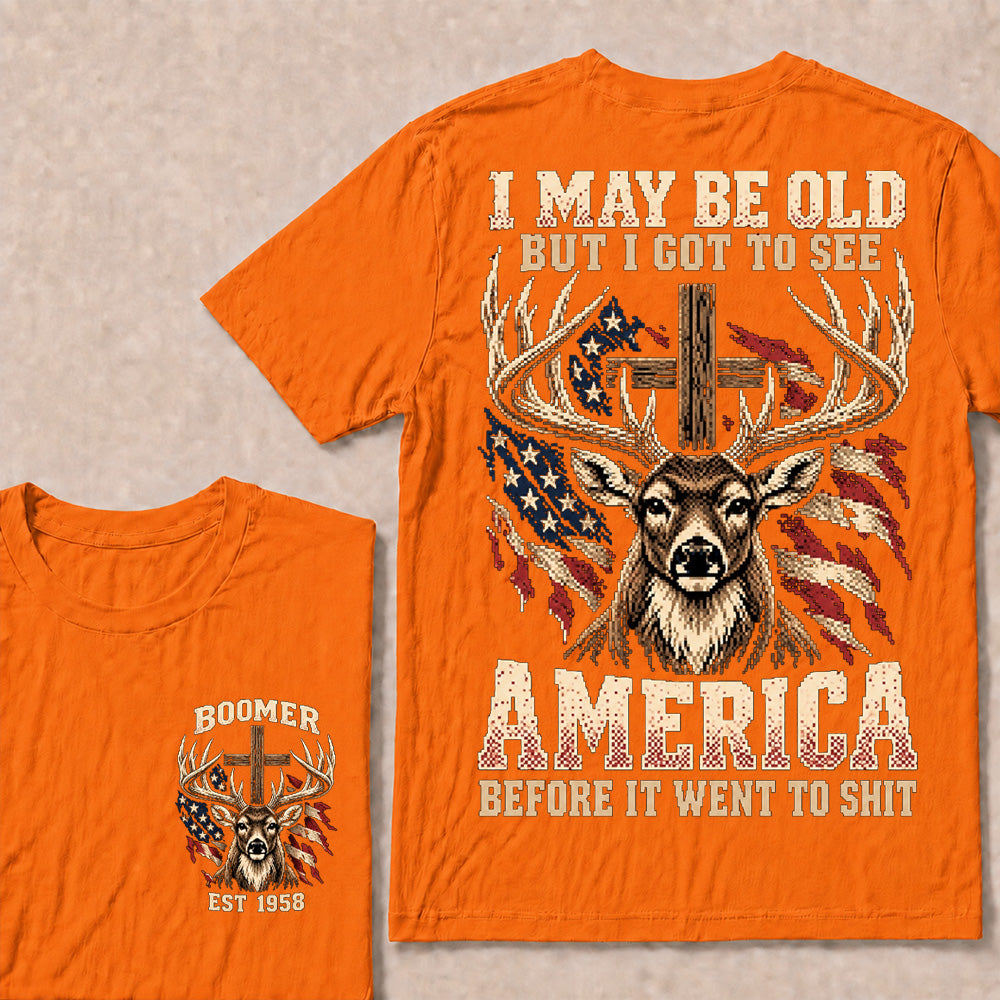 Retro Pixel Buck Deer & Cross T-Shirt | Patriotic Hunting "I May Be Old" Graphic Tee