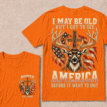 Retro Pixel Buck Deer & Cross T-Shirt | Patriotic Hunting "I May Be Old" Graphic Tee