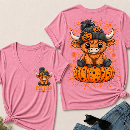 Custom EST.Year Cute Halloween Highland Cow & Pumpkin Women’s V-Neck T-Shirt
