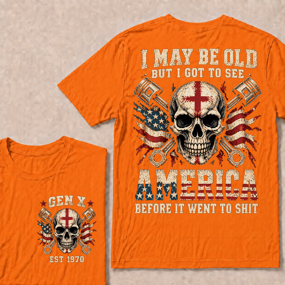 Retro Pixel Crossed Pistons & Skull T-Shirt | Patriotic Biker "I May Be Old" Graphic Tee