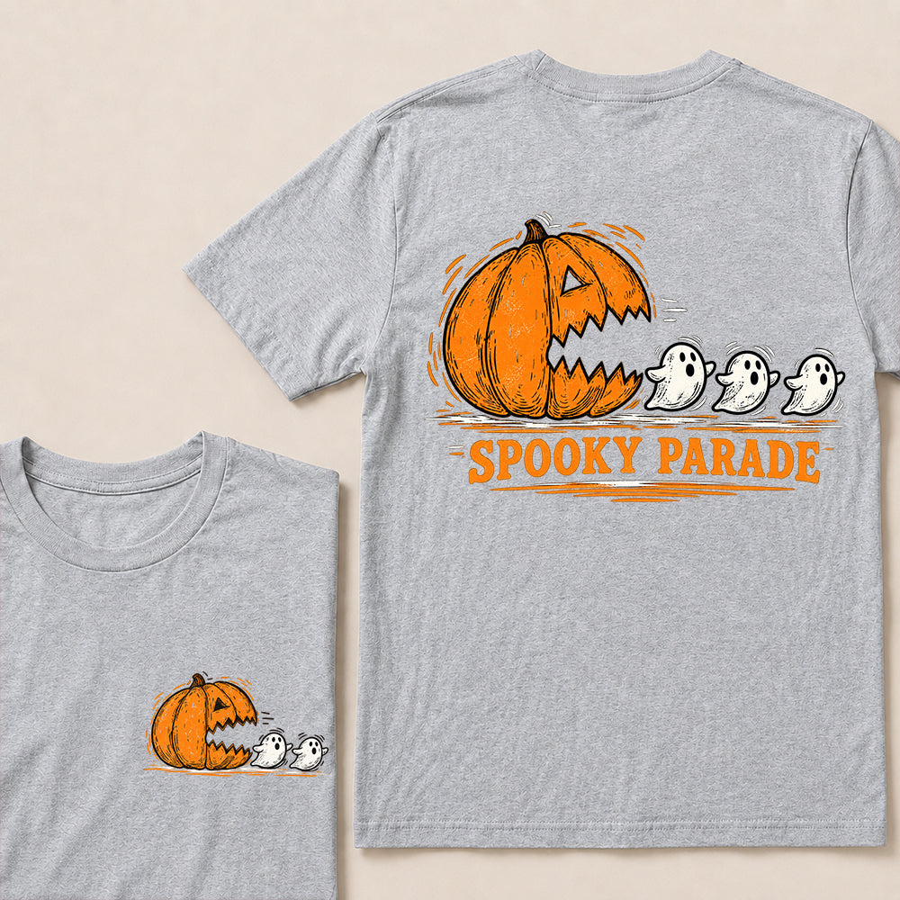 Spooky Parade – Vintage Halloween Pumpkin & Ghosts Graphic T-Shirt