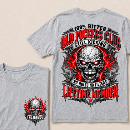 100% Bitter Old Fuckers Club Lifetime Member – Custom EST.Year Red-Eyed Skull Graphic T-Shirt