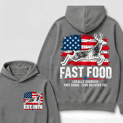 Fast Food Deer Hunting T-Shirt, Locally Sourced Free Range Zero Delivery Fee Vintage American Flag EST.Year Hunter Graphic Hoodie
