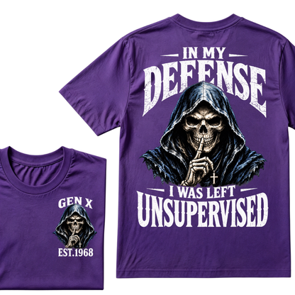 Gen X EST.Year Grim Reaper Skull In My Defense I Was Left Unsupervised Vintage Graphic T-Shirt